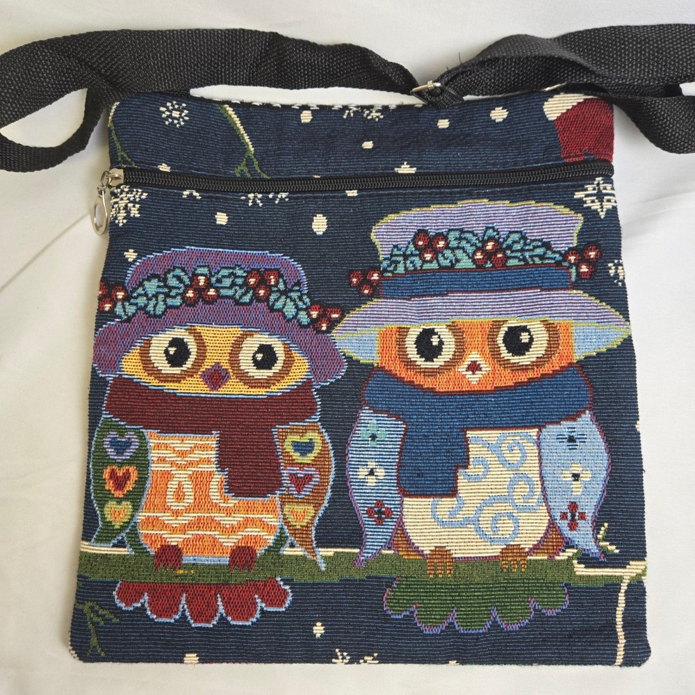 Owl Pair Tapestry Crossbody Bag Adjustable Strap Multicolor 11" x 11.5"